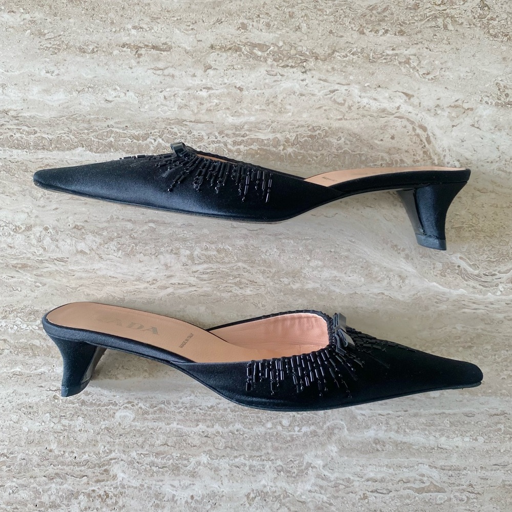 Vintage Prada Satin Beaded Bow Kitten Heel Mules - Picture 5 of 8